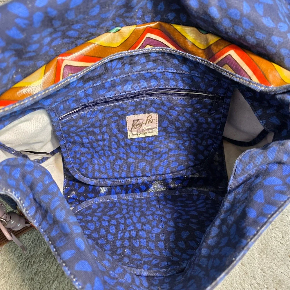Fossil KeyPer Messenger Laptop Bag Blue Orange Zig Zag‎ Coated Canvas Key Fob